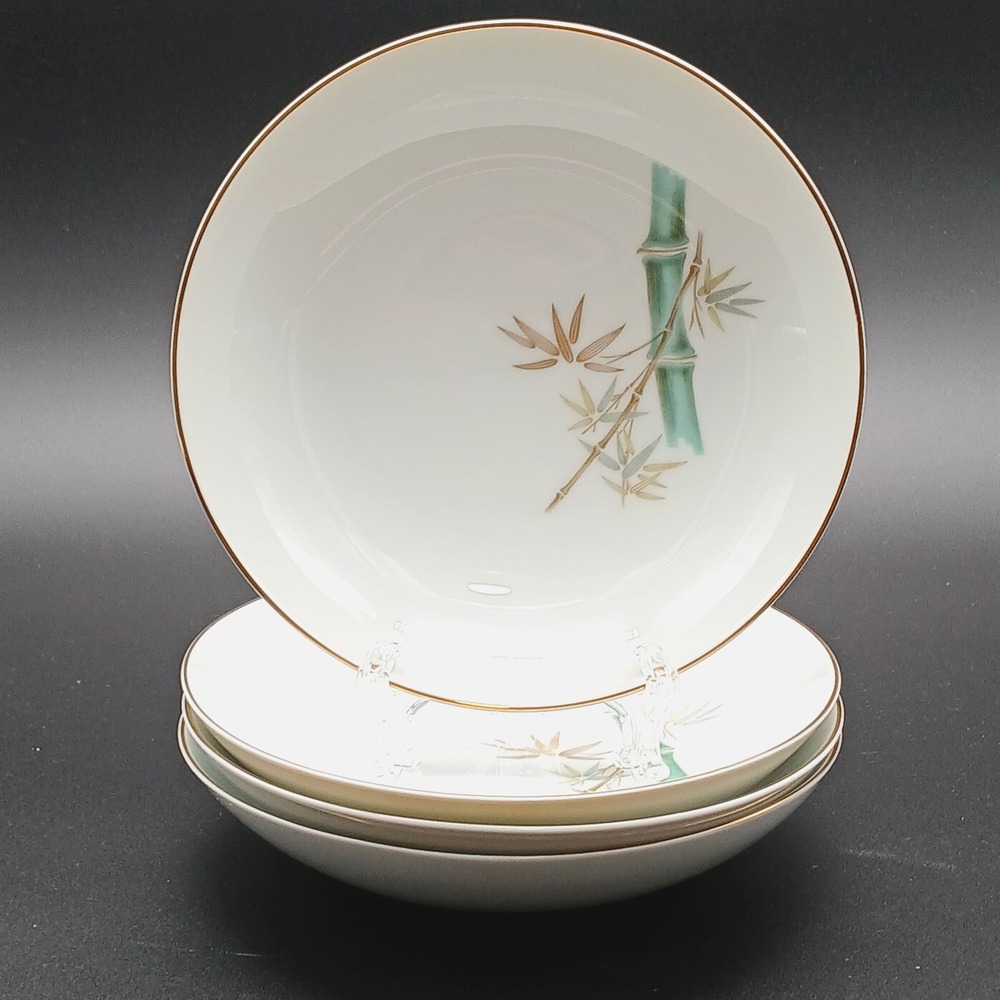 Set of 4 Noritake Oriental Bamboo Coupe Soup Bowls 7 3/8" Pattern 6341 Gold Trim